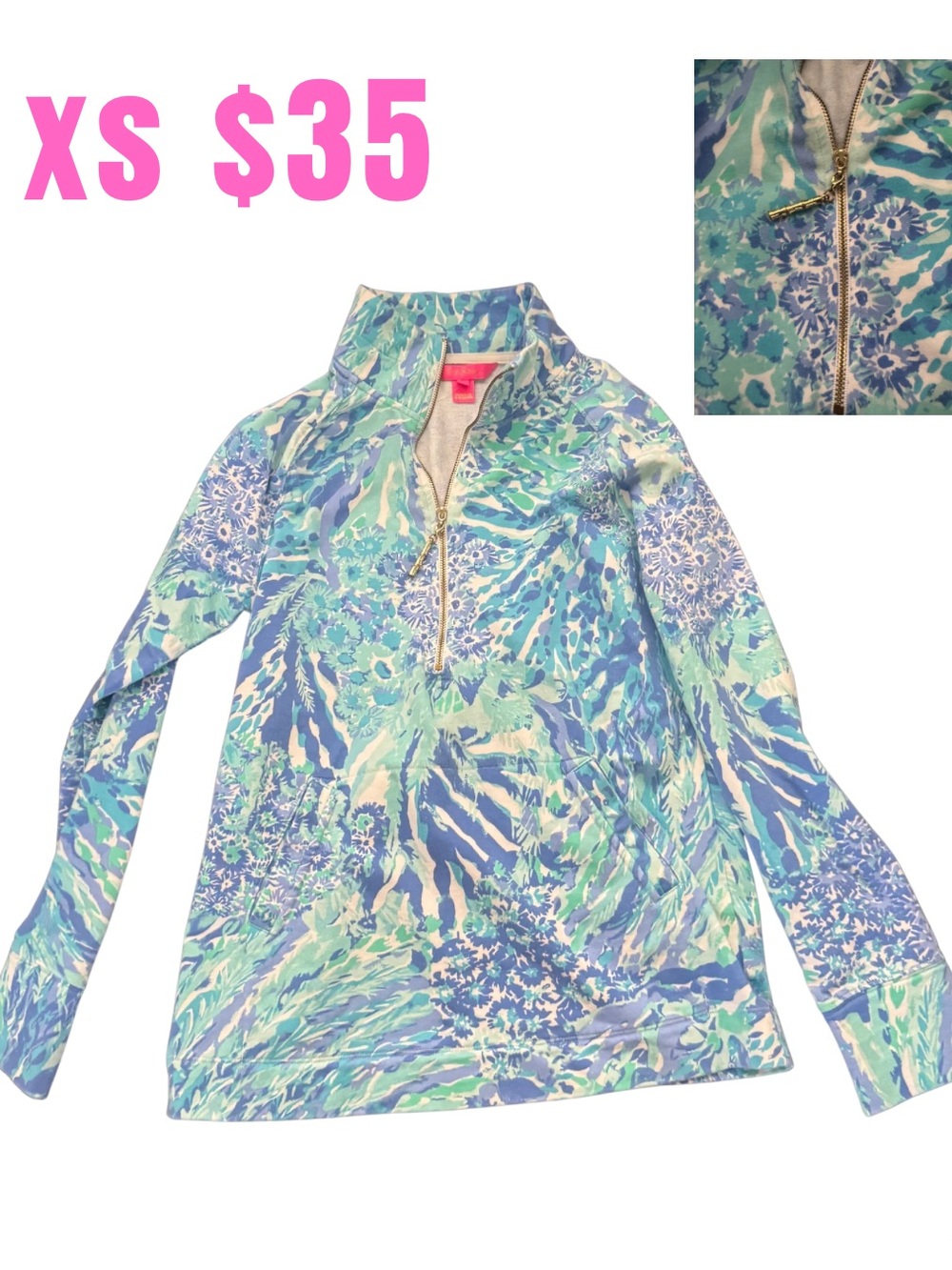 Lilly Pulitzer Blue and Mint Green Floral Quarter-Zip Pullover
